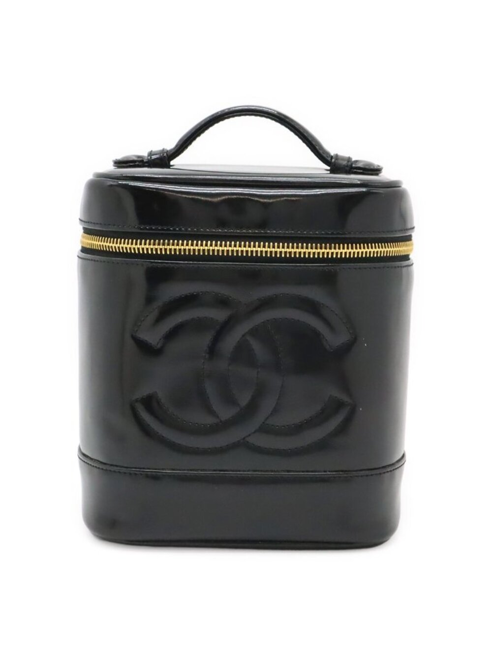 Chanel CC Logo Vanity Handbag Makeup Pouch Cosmetic Enamel Patent Leather Black